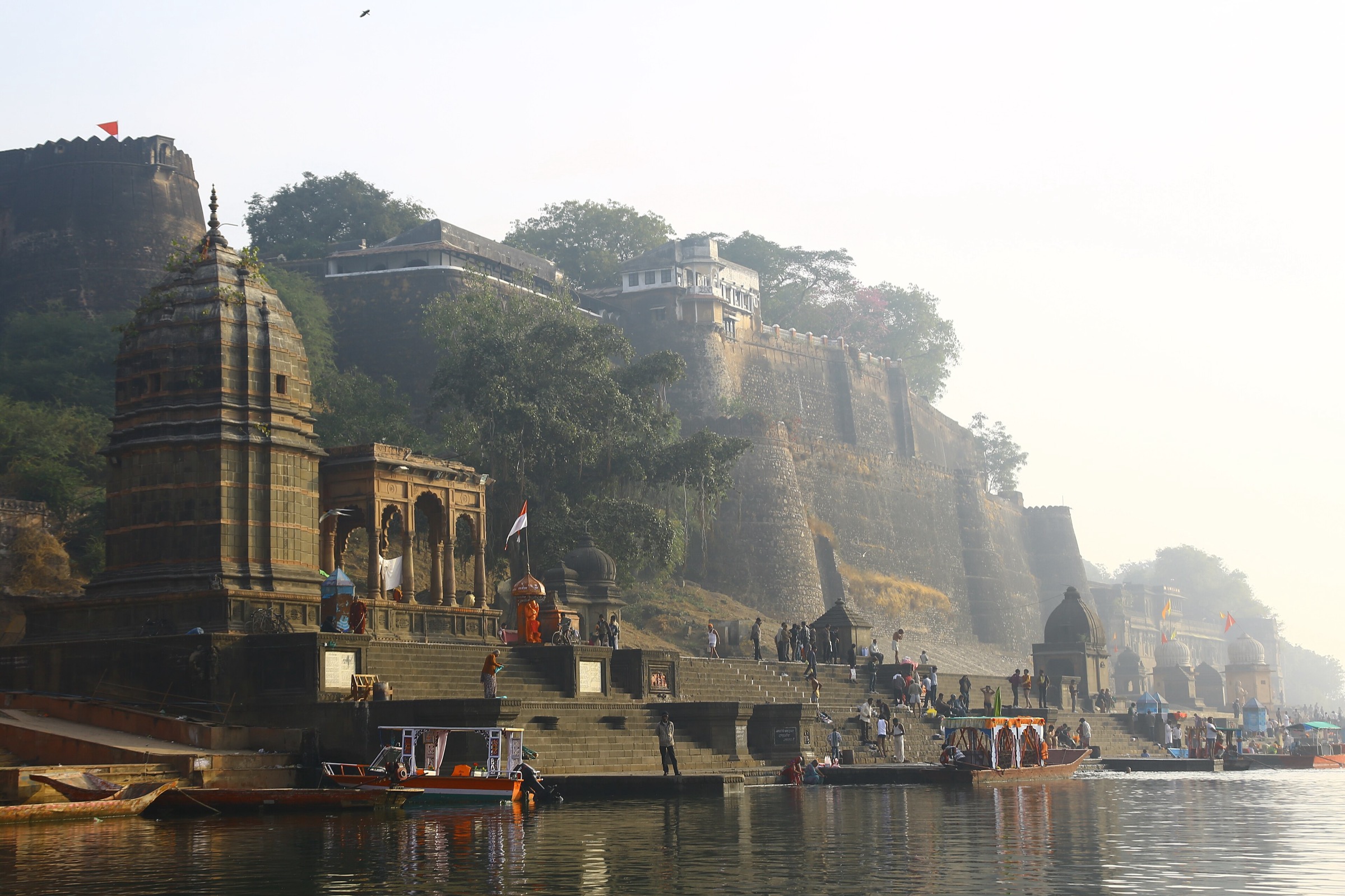Maheshwar Fort and riverside ghats in the soft morning light